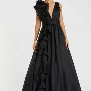 Mac Duggal Black Ruffle shoulder V neck Gown